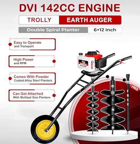 Image of DVI 142CC Trolley Earth Auger Machine, 4-Stroke Petrol Engine - with 6 Inch + 12 Inch Double Spiral Planter Bits & Free Extension Rod | for Plantation, Fencing & Post Hole Digging in All Soil Types.