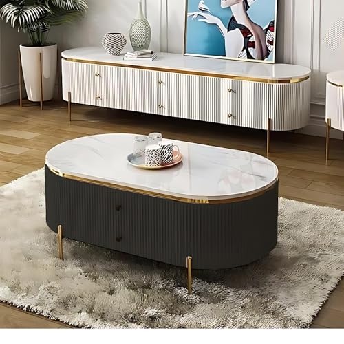 Image of Tesla Centre Table, White Marble Top with Gold Trim, Oval Modern Coffee Table with 2 Drawer Storage, Waterproof Plywood Base, PVD Metal Legs, for Living Room (Black)