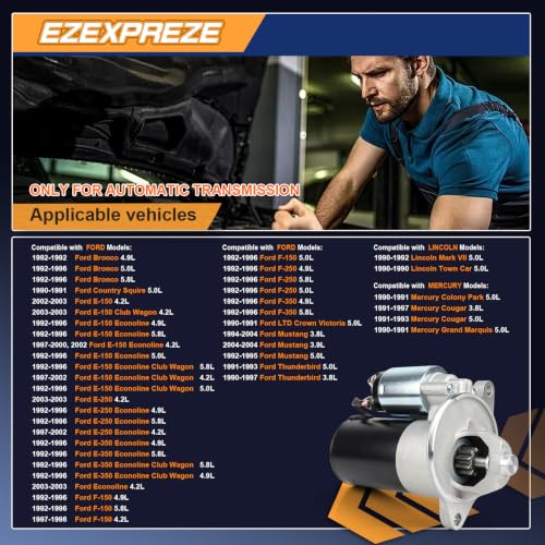 Image of Ezexpreze 3268 Starter (Automatic Transmission) for Ford E150 E250 E350 Econoline F150 F250 F350 1992-1996 4.9L 5L 5.8L, 94-04 for Mustang 3.8, 90 91 92 for Lincoln Mark VII 5, 89-97 for Cougar 3.8L
