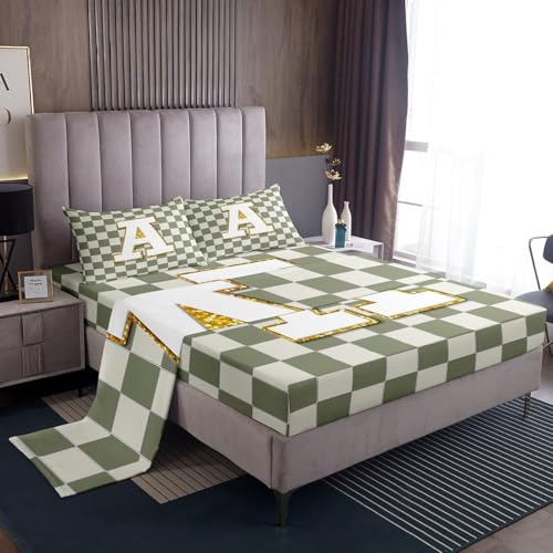 Image of Erosebridal Sage Green Checkered Bed Sheets Queen Plaid Initial A Sheet Set Personalized Monogram Bedding Set for Kids Boys Girls,Fashion Grids Gingham Fitted Flat Sheets 4 Piece