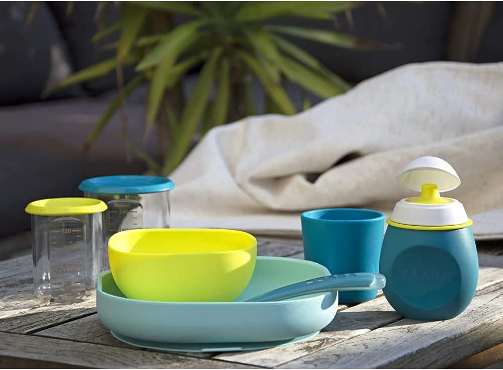 BÉABA Vaso/Taza de aprendisaje para Niños/Bebés, 100% Silicona, Material suave y muy resistente, Apto para microondas, azul