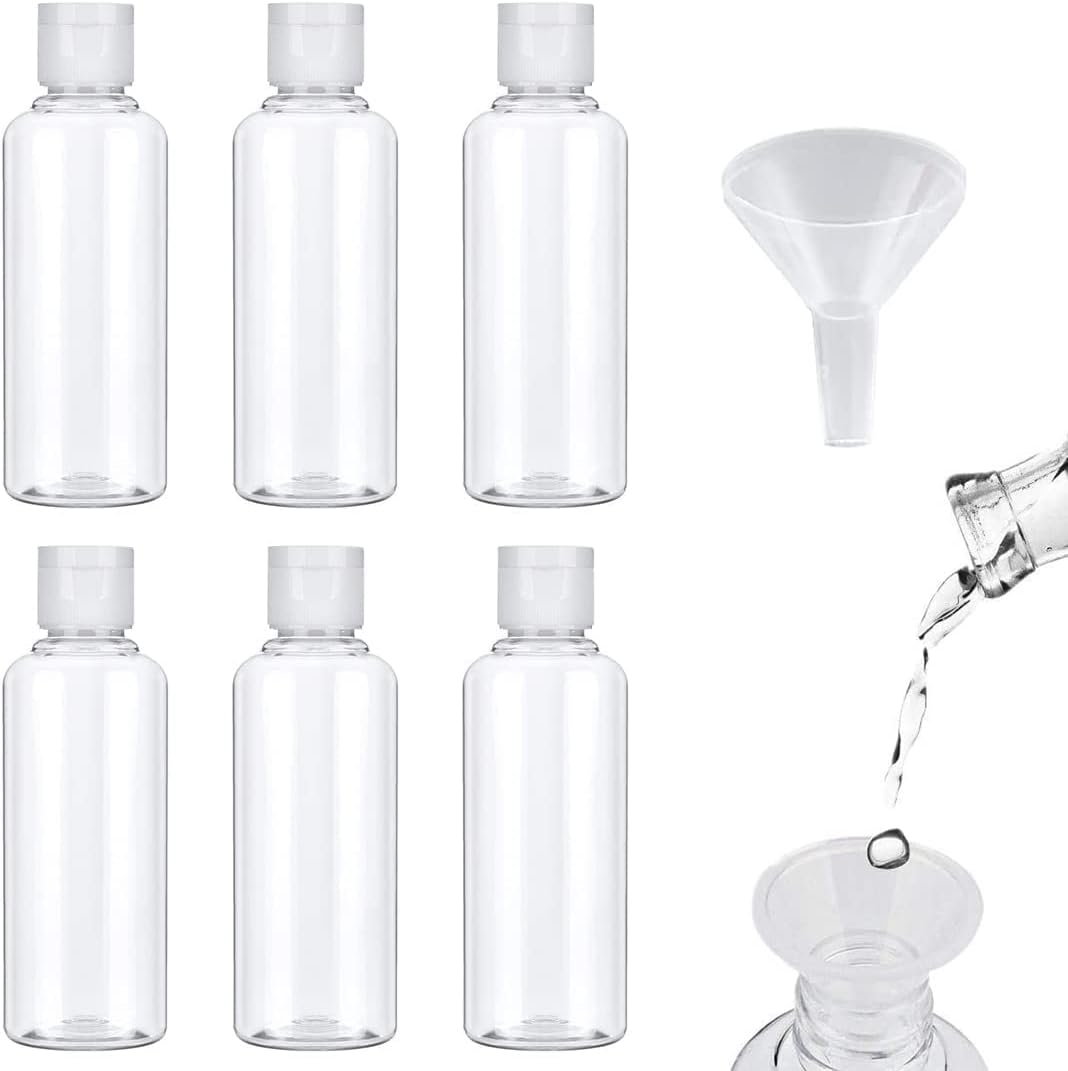 LIUJZZJ 6 Pack Transparent Plastic Air Flight Mini Travel Bottle Set with Small Funnel for Flight,Spray Bottles,Clear Empty Fine Mist Plastic,Airport, Holiday (100 ML)