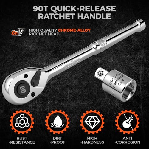 Image of HORUSDY 1 /2 inch Drive 90T Quick-Release Ratchet Handle, Reversible Chrome Alloy Socket Wrench with 1 /2 inch to 3 /8 inch Adapter, Durable and Comfortable for Automotive, DIY, Industrial and Bicycle Repairs