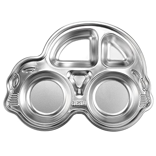 Image of Happy Hues Stainless Steel Divided Meal Plate Tray-3 Compartments Dinner Dish for Baby- Toddler- Kids Eating Food- Car Shape