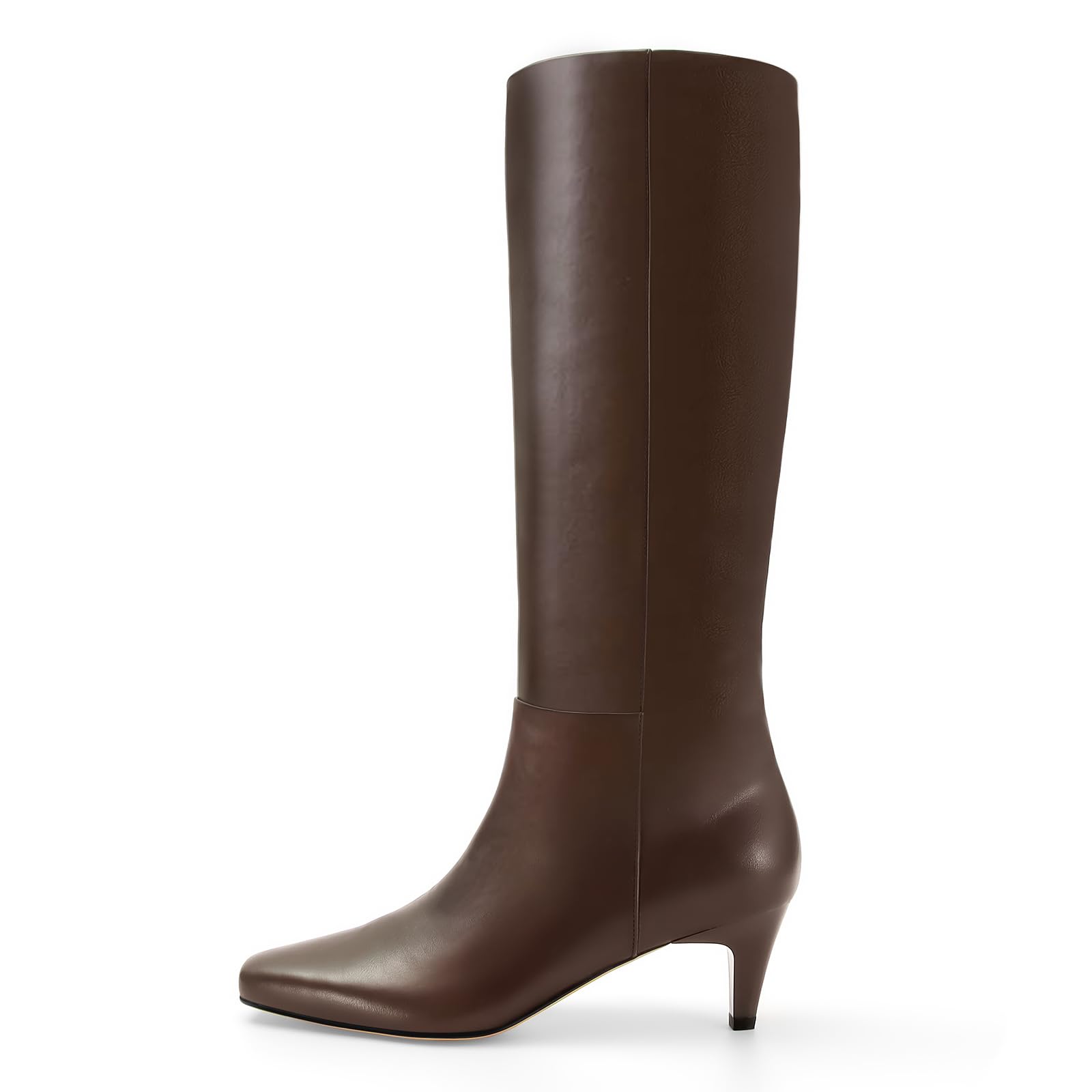 Black Leather Knee High Boots for Women Low Kitten Heeled Tall Boot Square Toe Sexy Pull on Winter