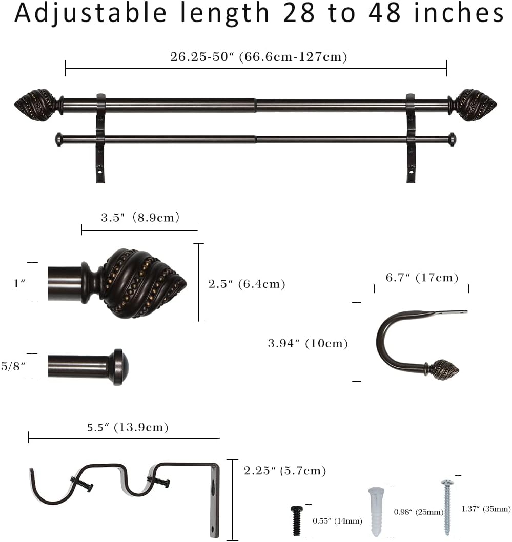 1" Double Curtain Rod with Valois Finials and holdbacks (28‘’-48‘’, Bronze gold)