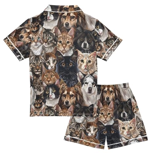 ALAZA Cat Dog Puppy Vintage Pajamas Satin Pajama Set Short Sleeve Button Down Sleepwear2