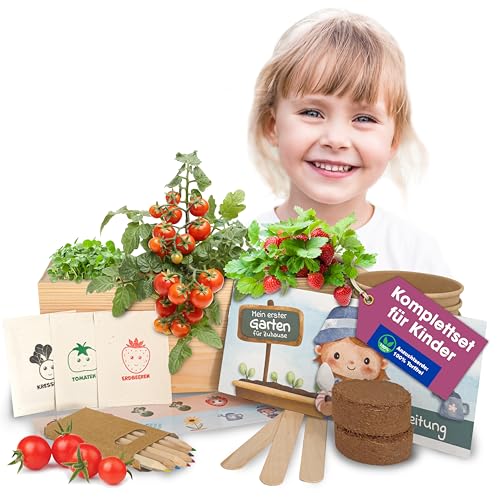 Kinder Anzuchtset für Zuhause, Zimmer, Balkon – 5-10 Jahre - Holzbox zum Bemalen, Microgreens Starter Set – Experimentierkasten & Pflanzset für Kinder, Kreativ - Geschenk für Mädchen & Jungen