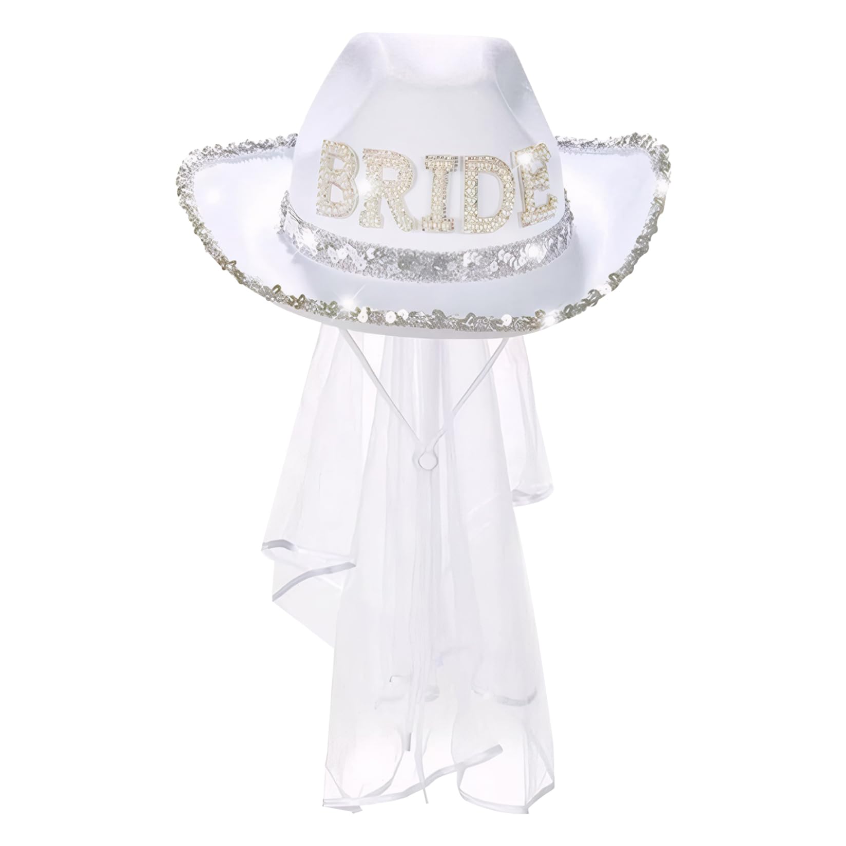 NASSMOSSE Bride Cowgirl Hat with Veil Glitter Bride Hat White Cowgirl with Adjustable Chin Strap Cowboy