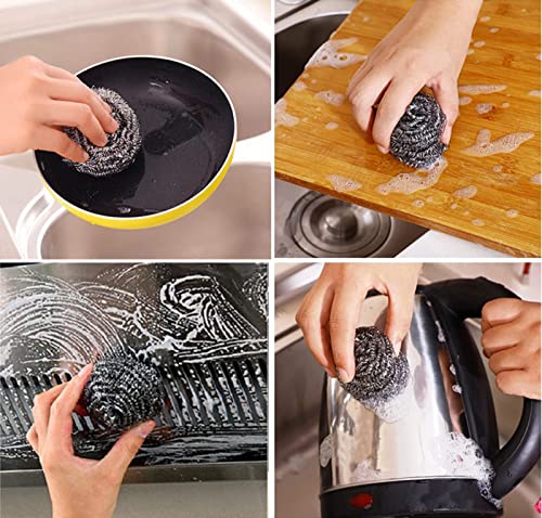 Image of 6 Pack Large Stainless Steel Sponges Scourers Steel Wool Scrubbers Pad Cleaning Ball Used for Dishes, Pots, Pans, Grill, Ovens and Basin, Clean Kitchen, Bathroom, Restaurant (40g Weight)