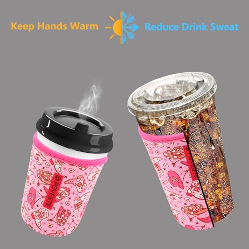 Image of Reusable Neoprene Insulator Sleeve for Iced Coffee & Cold Soda, Coffee Sleeves for Iced & Hot Drinks, Cold Beverage Cooler Compatible with Starbucks, Dunkin (Cowgirl Spirits, Small: 16-18oz)