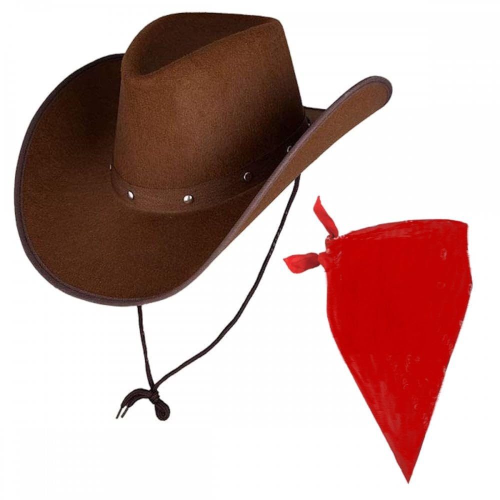 Titch & Timbo Dark Brown Texan Cowboy Hat + Bandana Set : Adult Mens Womens Western Wild West Rodeo Barn Dance Cowgirl Music Festival Pop Tour Fancy Dress Accessory (Plain Bandana, Red Bandana)
