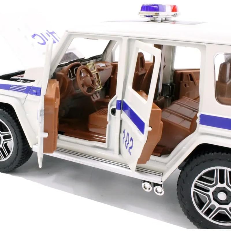 Image of Kids Model 1:32 G Wagon Police Die Cast Metal Car Pull Back Action Opening Doors with Realistic Engine Sound Lights Toy Car Gift for Boys - White