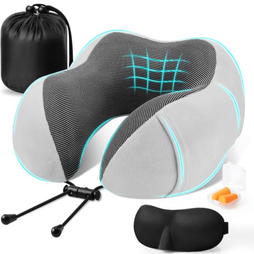 Image of CloudBliss Neck Pillow for Sleeping, Memory Foam Travel Pillow, Light Grey