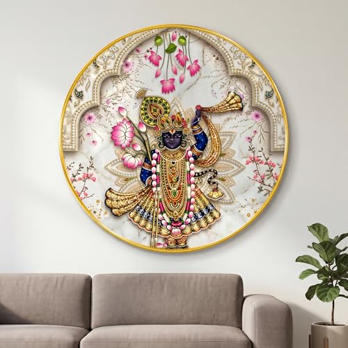 Image of SAF Shrinathji Krishna Wall Painting with PVC Round Frame | Sparkle Laminated Nathdwara Style Lord Krishna Artwork with Cow and Lotus Design | Spiritual Hindu Wall Decor for Home Temple Gift