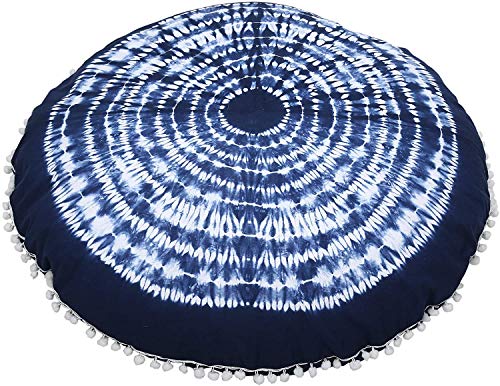 Rajrang Bringing Rajasthan To You Round Floor Pillow Cover 32 Inch Large Blue Decorative Meditation Cotton Cushion Case Bohemian Shibori Seating Pouf With Pom Pom For Home Decor #TOP17