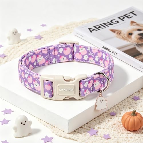 Image of ARING PET Halloween Dog Collar for Puppy Small Medium Large Dog-Purple XS | Cute Festival Spooky Night Ghost Doggy Collars for XS S M L XL Boy Girl Dog, Soft Comfy Sturdy, Trick or Treat Party Parade
