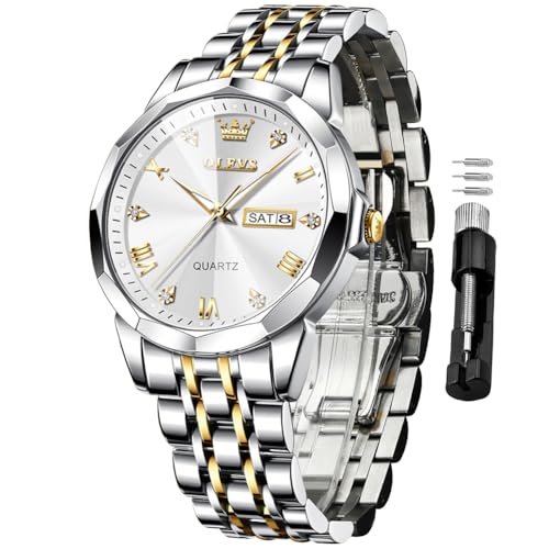 Image of OLEVS Men's Diamond, Wristwatch, Stylish, Popular, Quartz, Business Watch, Date, Waterproof, Luminous Watches, white & gold - 9931, Bracelet Type
