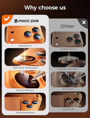 MAGIC JOHN 2 Pack Camera Lens Protector for iPhone 17 Pro Max, Full Coverage, Metal Aluminum Alloy Camera Lens Film, HD Clear, Scratch Resistant, Case-Friendly, Orange - 5