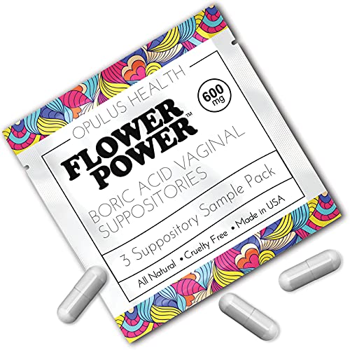 Flower Power Vegan Boric Acid Suppositories - 3 Suppositories - Sample/Travel Size - 600mg for Vaginal Odor and pH Balance - Made in USA