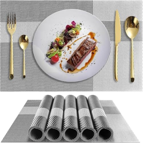 Image of Potency Table Mats Set of 4, Woven Placemate for Dining Table, Heat-Resistant Placemats Stain Resistant Anti-Skid Washable PVC Table Mats, Vinyl Placemats for Dining Kitchen Restaurant Table (L-White)