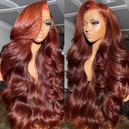 Image of MUZOJET Reddish Brown 13x6 Lace Front Wigs Human Hair #33 Colored HD Transparent Lace Front Wig Human Hair Pre Plucked with Baby Hair for Black Women Red Wig 180% Density 30 Inch