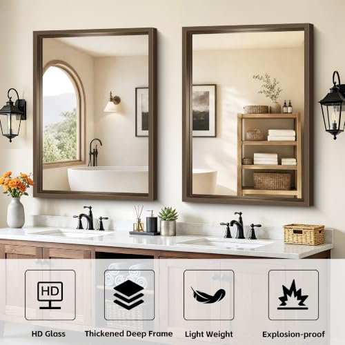 Image of Bathroom Mirror, 30 x 42 inch Walnut Wood Grain Colored Aluminum Metal Frame Bathroom Vanity Mirror, Rectangle Wall Mirror for Bedroom Living Room, Tempered Glass, Horizontal or Vertical