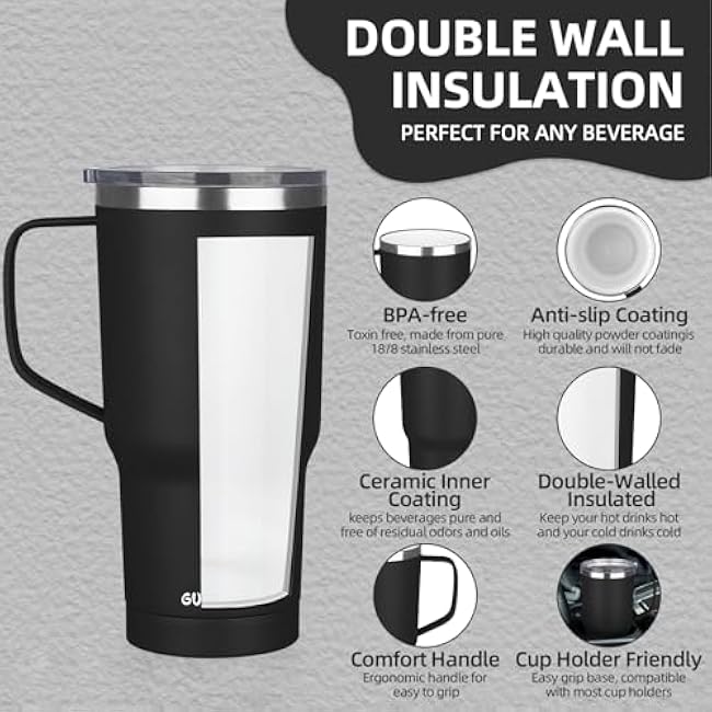 20 oz Insulated Coffee Mug with Ceramic Coating, Stainless Steel Travel Mug Tumbler with Handle Lid and Straw, Double Wall Leak-Proof Thermos Coffee Travel Mug Keeps Drink Hot and Cold (Black)