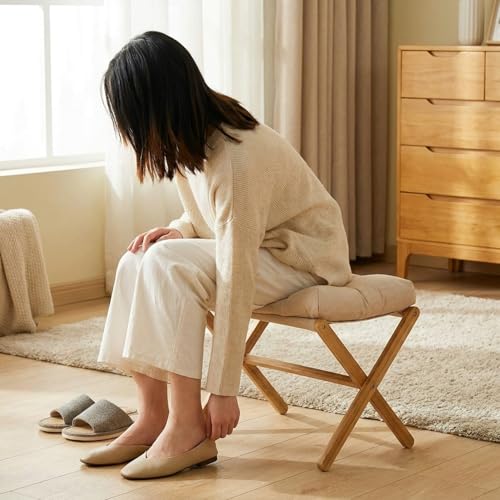 オットマン 折りたたみ 足置き台 スツール 竹製 低い腰掛け クッション付き 高反発 滑り止め 取り外し可能 洗えるカバー リビング 玄関 寝室適用 軽量 多用途 おしゃれ ホワイト (テクニカルファブリック,ホワイト) [2]