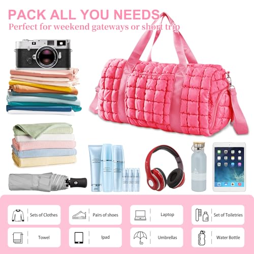 Image of Quilted Travel Duffle Bag Gym Bag for Women,Large Puffer Duffle Weekender Bag with Compartment,Workout Overnight Carry on Organizer Bag Duffle Bag for Airplane Travel(Pink)