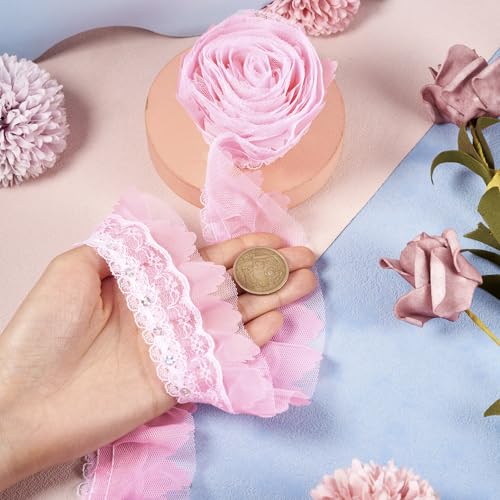Spritewelry 2M Pink Lace Pleated Chiffon Lace Trims 2-Layer Vintage Lace Ribbons for Bridal Wedding DIY Craft Sewing Costume Applique Decor 50mm - Image 4