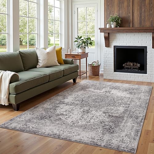 jinchan Area Rug 5x7 Washable Living Room Rug Vintage Traditional Distressed Lightweight Thin Retro Indoor Floor Cover Non Slip Floral Carpet for Bedr