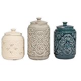 Drew Derose Ceramic Distressed Quilt Pattern Blue Grey Cream 3 Pc Canister Set
