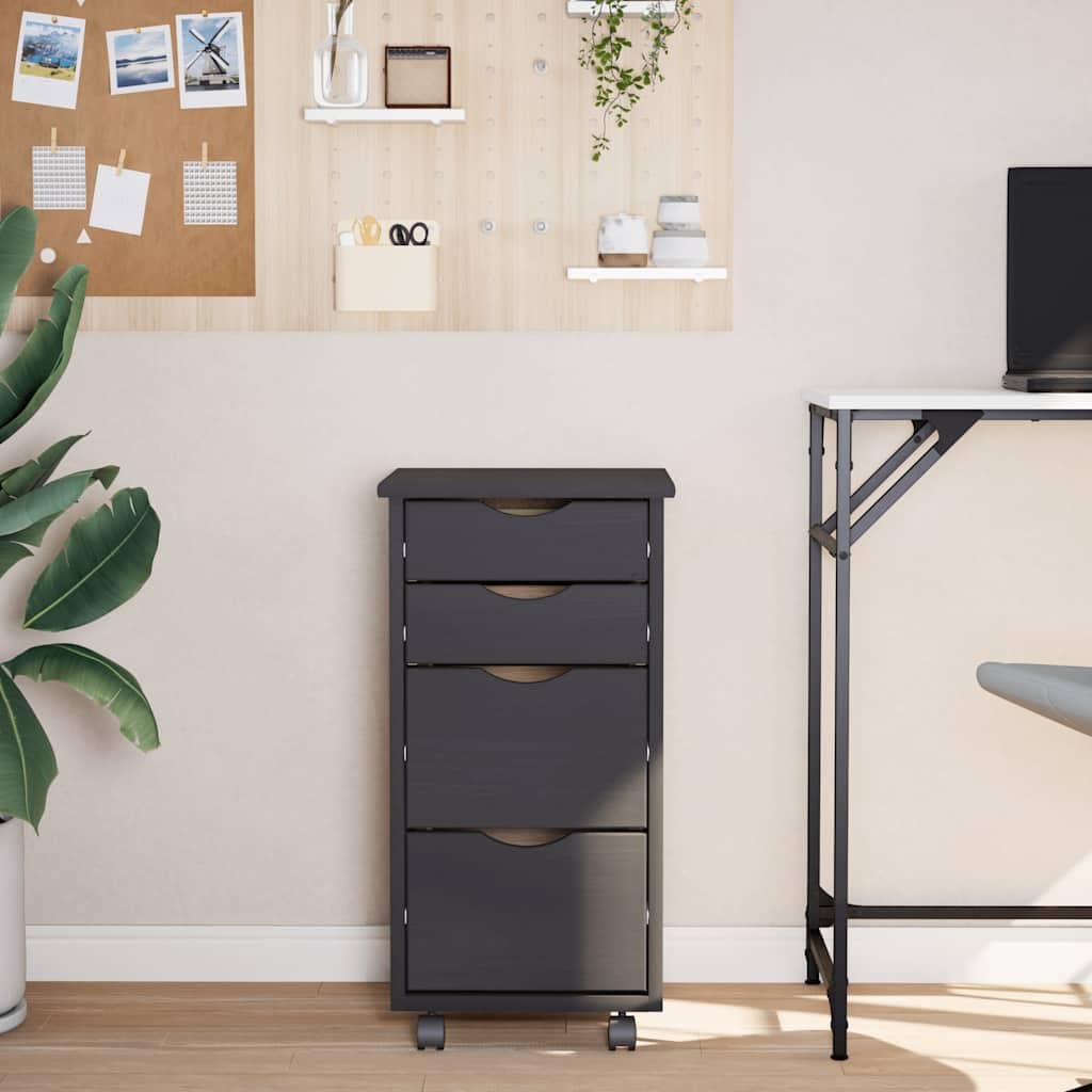 Rollcontainer Moss mit 4 Schubladen, Rollschrank aus massivem Kiefernholz, mobiler Aktenschrank für Büro & Home Office, Büroorganisation, 34 x 39 x 65,5 cm, Grau