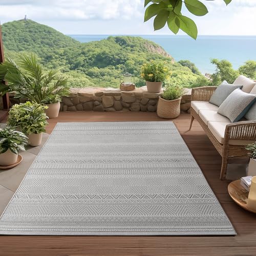 HomebyHome Tapis d'extérieur Gris 200x290 cm, résistant aux intempéries et aux UV, idéal pour la Cuisine, Le Balcon, la terrasse, Design bohème scandinave