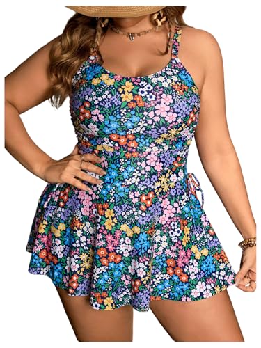 SOLY HUX Women's Plus Size Tankini Swimsuits Floral Print Swim Dress and Bikini Bottom Two Piece Bathing Suit