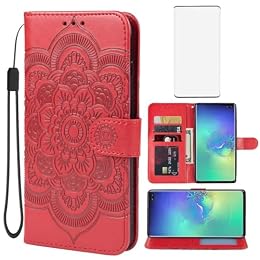 Bohefo Case for Galaxy S10 Plus/Samsung S10+ SM-G975U Wallet Case with Tempered Glass Screen Protector, Mandala Leather Flip Credit Card Holder Stand Phone Cover Cases for Samsung Galaxy S10+ Red