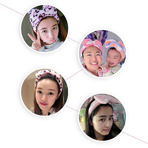 Shintop 3 Pack Flannel Cosmetic Headbands, Bowknot Elastic Hair Band Hairlace for Washing Face Shower Spa Makeup (Pink Polka Dots+Red Heart+Purple Stripe)
