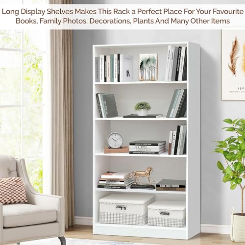Image of ABOUT SPACE Book Shelf - 5 Tier Engineered Wood Book Rack Multipurpose Book Shelf for Home Library Study Room Long Open Storage Organizer for Bedroom, Living Room (White - L 80 x B 30 x H 165 cm)