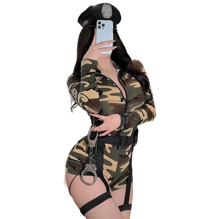 Womens Sexy Army Costume Set with Romper Harness Belt Hat Walkie-Talkie for Halloween Cosplay Soldier Green Camouflage Uniform Costume Female Lingerie Outfit for Party Bar Clubwear Role Play