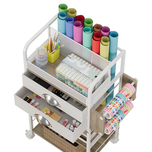 Image of Rolling Wrapping Paper Storage Cart Organizer White | 16.54x11.4x32.68 in, Christmas gift wrap storage, craft paper roll holder, vertical wrapping station, holiday organization