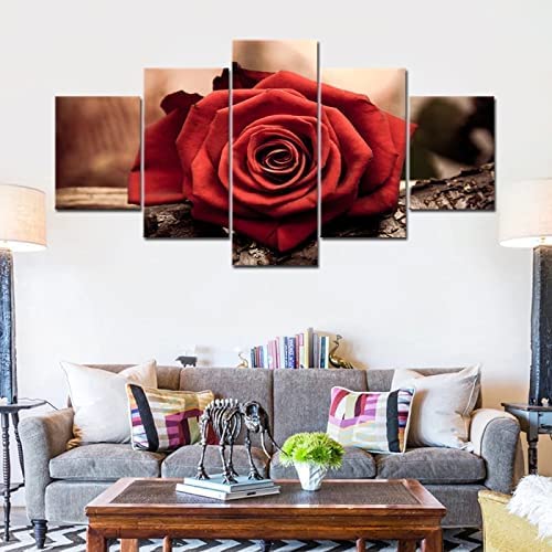 Tableau peinture rose rouge 5 panneaux encadré 150x80 cm pour salon