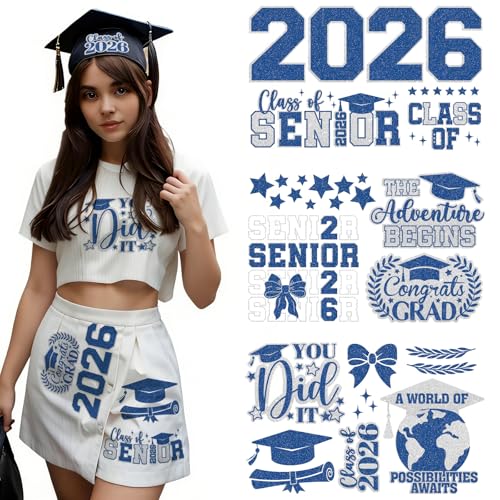 Dazoratix Graduation Iron on Transfers - 6 Sheets Senior Class of 2026 Glitter Heat Patches DTF Ready to Press Decal Viny Sticker for Clothing Stole Skirts Shirt Cap DIY Craft Decoration (Bule Silver)