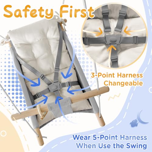 Image of Baby Swing Indoor and Outdoor, Canvas Hammock Swing for Baby to Toddler with a Comfortable Seat, Macaroon Wooden Toy, Adjustable 5-Point Harness,3 Modes,Gift for Baby Boys Girls, Grey&White
