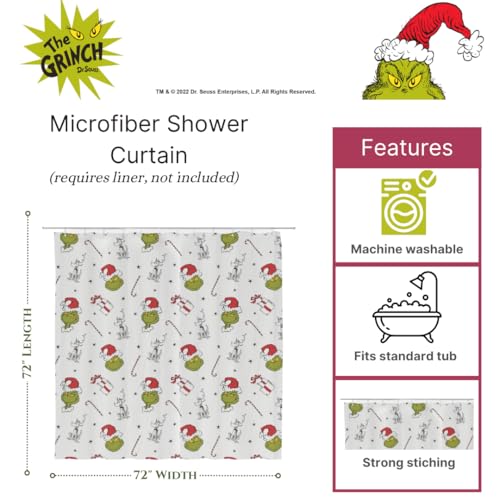 Image of Grinch Gift Dreams Holiday Christmas13-Piece Shower Curtain Set, 72 x 72 Inch Fabric Curtain with Hooks, Bathroom Decor, Machine Washable, (100% Officially Licensed Product) by Franco Collectibles