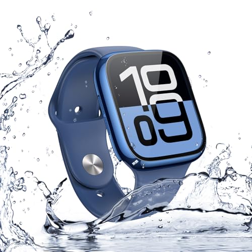 Image of Misxi [2 Pack] Waterproof Hard Case with Tempered Glass Compatible with Apple Watch Series 11 (2025) Series 10 42mm, Overall Protective Cover for iWatch Screen Protector, 1 Blue + 1 Transparent