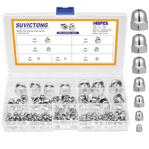 140pcs Acorn Cap Nuts Assortment Kit,M3 M4 M5 M6 M8 M10 M12 Acron Dome Cap Nut,304 Stainless Steel Dome Head Hex Nuts kit dust-Proof and Waterproof for Outdoor Indoor