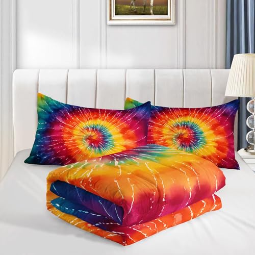 Image of AILONEN Rainbow Tie-Dye Bedding Set Queen Size for Kids Teens Adults,Colorful Spiral Comforter with 2 Pillowcases,3Pcs Boho Psychedelic Quilt Set for All Season