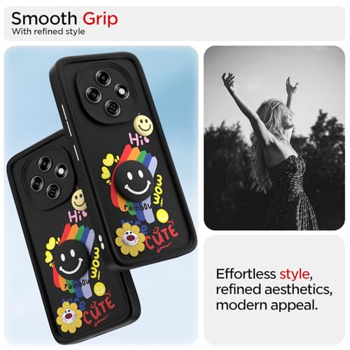 Image of Pikkme Back Cover for Oppo F31 Pro 5G | Soft Silicone| Cute Rainbow Smile & 3D Cartoon Flower Design | Shockproof Raised Camera Protection Bumper Case (Black)