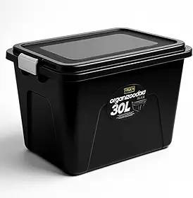 Caixa Organizadora Plástica Linha Black, 30 Litros, Preta, Empilhável com Tampa e Travas, para Casa, Escritório e Garagem